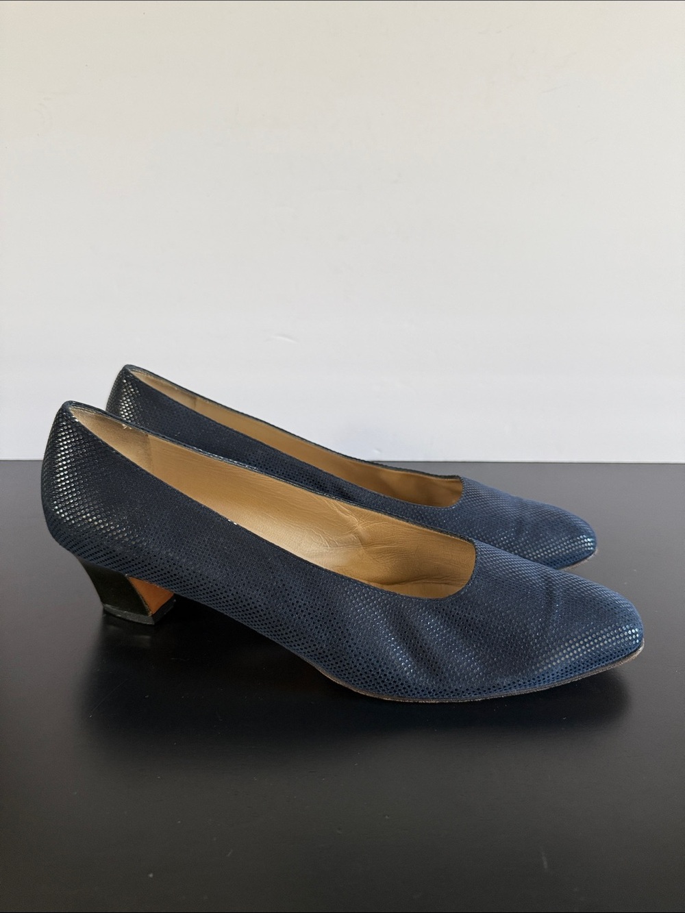 Salvatore Ferragamo Navy Textured Low Heel Pumps